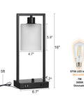 Industrial Table Lamp Set Of 2 Dimmable Nightstand Lamps With USB Ports And AC Outlet, Matte Black Finish with dimensions