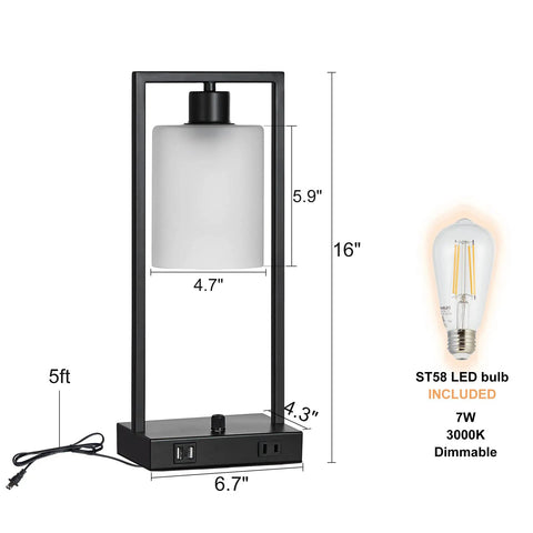 Industrial Table Lamp Set Of 2 Dimmable Nightstand Lamps With USB Ports And AC Outlet, Matte Black Finish with dimensions