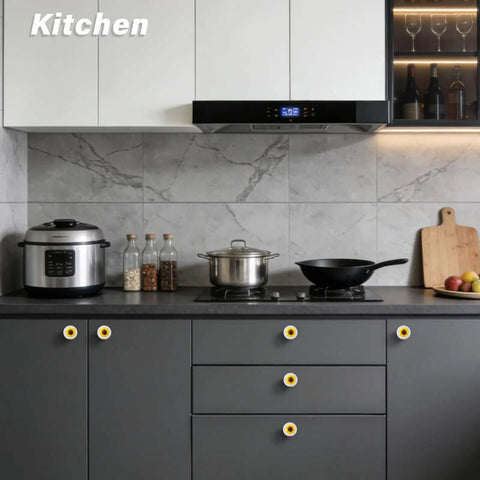 Sunflower Cabinet Knobs Set 4 Pack In Bright Yellow Realistic Petal Detail Glossy Finish Durable Drawer And Cupboard Pulls for Kitchen