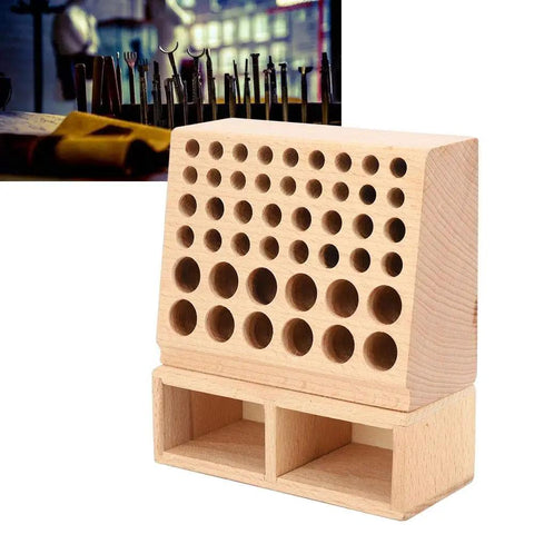 Leather Tool Holder With 48 Holes Wooden Craft Tool Stand Beech Wood Rack Organizer visible against a backdrop of tools.