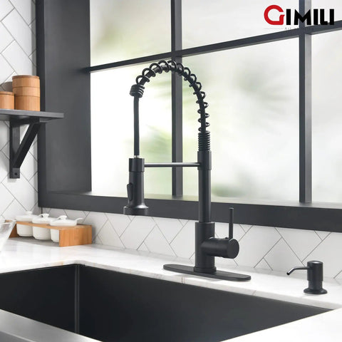 Matte Black Kitchen Faucet With Soap Dispenser And Pull Down Sprayer Pro Grade Commercial Single Handle Spring Pullout Faucet