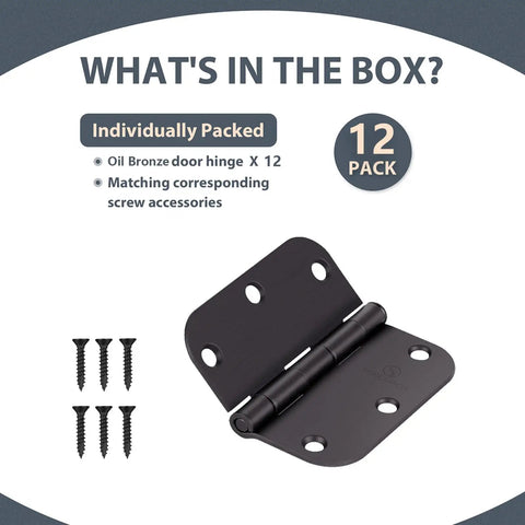 Oil Rubbed Bronze Interior Door Hinges 3.5 Inch with Five Eighths Inch Radius Corners Black Finish 12 pack with screws