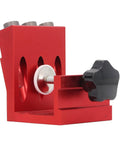 Pro Level Adjustable Pocket Hole Jig Kit Built From Tough Aluminum With Three Step Drill Bits Gives Exact 15-Degree Guidance For Boards Up To 1.75 Inches close-up of red aluminum jig with adjustable clamp