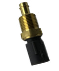 Angled side view of DEVMO engine coolant temperature sensor switch with brass threaded body and black connector