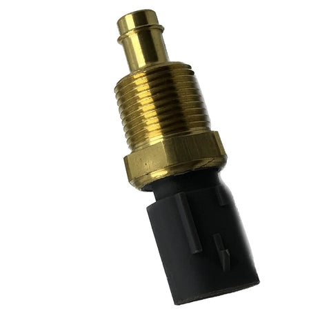 Angled side view of DEVMO engine coolant temperature sensor switch with brass threaded body and black connector