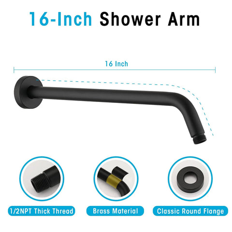 Matte Black 16 Inch Shower Arm with Brass Material and Classic Round Flange for Rain Shower System