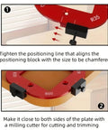 Router Corner Radius Template Set for Woodworking, Pro Grade Red Aluminum Jig With Guide Pin showing R35 and R50 templates.