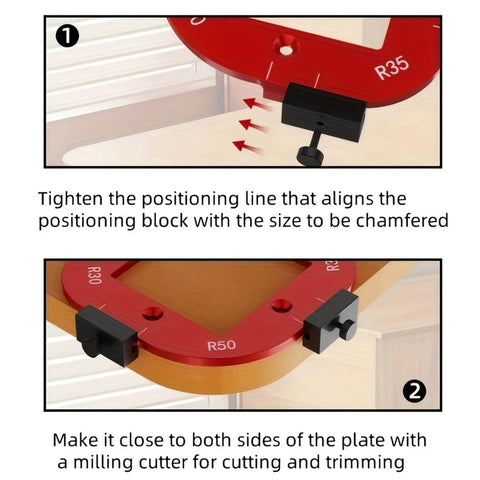 Router Corner Radius Template Set for Woodworking, Pro Grade Red Aluminum Jig With Guide Pin showing R35 and R50 templates.