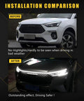 Installation comparison image showing LED Hood Light Strip Exterior For Cars Waterproof Flexible DRL With Dynamic Scan Startup