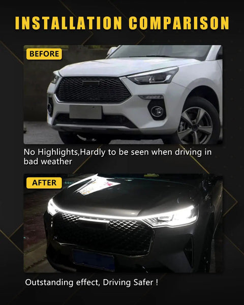 Installation comparison image showing LED Hood Light Strip Exterior For Cars Waterproof Flexible DRL With Dynamic Scan Startup