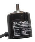 Close-up of a black, high-precision 3600 P/R rotary encoder showing label details, used for industrial automation and motor control.