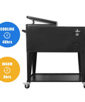Side view of oversized 80 quart rolling cooler cart with wheels for outdoor parties and backyard BBQs, showing cooling and warming times.