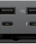 Thunderbolt 5 Smart Dock With 300w Pd Powers Quad 4k 60hz Screens Includes Hdmi And Displayport Cables side view showing ports and connections.
