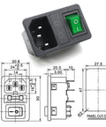 All-In-One Panel Mount AC Power Inlet Module With Fuses, Rocker Switch, and Green Pilot Light, IEC C14 Socket 250V 10A, dimensions view