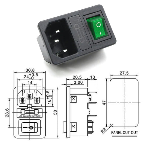 All-In-One Panel Mount AC Power Inlet Module With Fuses, Rocker Switch, and Green Pilot Light, IEC C14 Socket 250V 10A, dimensions view