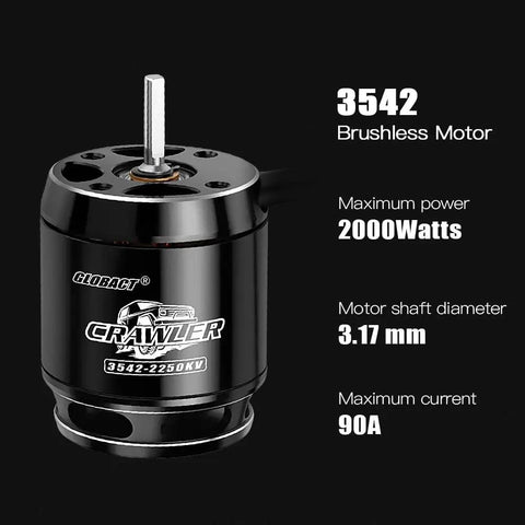 Beefed Up 80A Crawler ESC and 3542 Brushless Motor Kit For One Eighth And One Tenth RC Crawlers 2250KV Fits Axial SCX10 TRX 4 TRX 6 Low Speed Precision Climb And Explosive Power On Demand, showing black 3542 brushless motor with 2000W power and 3.17mm shaft.