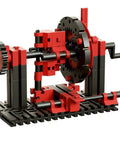 Mechanic And Static 2 Building Kit With 500 Pieces For 30 Models Delivers Hands On Gear Systems And Stable Structures Requires 9V Battery Not Included Or Accu Set 57487 Ideal STEM Toy For Young Engineers And Builders. Red and black gear model with crank on base