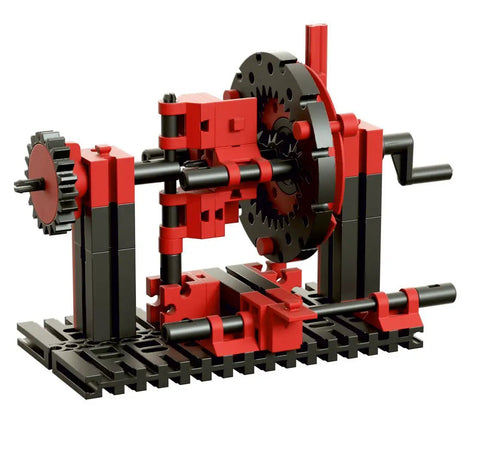 Mechanic And Static 2 Building Kit With 500 Pieces For 30 Models Delivers Hands On Gear Systems And Stable Structures Requires 9V Battery Not Included Or Accu Set 57487 Ideal STEM Toy For Young Engineers And Builders. Red and black gear model with crank on base
