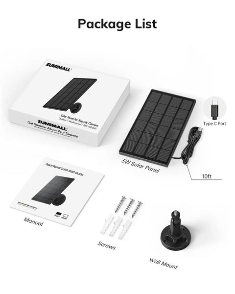 Package contents of Three-Watt Solar Panel For Outdoor Wireless Cams Keeps Your Security Cam Charged All Day IP66 Waterproof Solar Charger With 10ft Type C Cable Compatible With X2 X1 F5 And Other Compatible Cams, including 3W panel, cable, manual, mount, and screws.