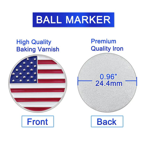 Front and back view of Six Piece Golf Ball Markers With Magnetic Hat Clips Value Set featuring USA flag design, 24.4mm diameter.