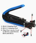 Coax Cable Crimp Kit For RG6 RG59 RG11 With Adjustable Crimp Tool shown in black and blue with labeled crimping ports