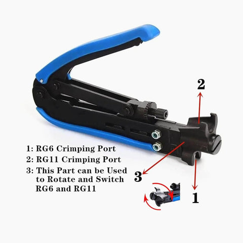 Coax Cable Crimp Kit For RG6 RG59 RG11 With Adjustable Crimp Tool shown in black and blue with labeled crimping ports