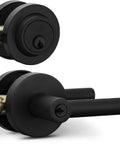 Heavy Duty Entry Lever Door Handle And Deadbolt Lock Set For Front Door Or Office Reversible Round Lever With Single Cylinder Keyed Entry Fits Right Or Left Sided Doors Iron Black Finish