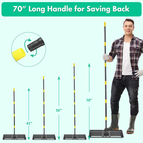 Foldable Lawn Leveling Rake With 30x10 Inch Ground Plate And 70 Inch Adjustable Handle, shown extended with size comparison.