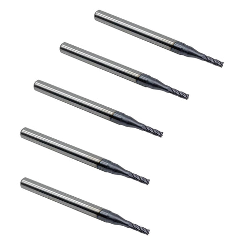 Carbide square end mills, 1/16 inch, 4-flute, 5-piece set.