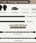 Heavy Duty Black Curtain Rods 72 To 144 Inches 1 Inch Diameter Adjustable Extra Long Blackout Traverse Window Rods With Decorative Finials For Living Room Bedroom Kitchen package with finials, brackets, rods, anchors, and screws.
