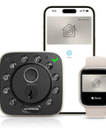 Bolt Pro WiFi Smart Deadbolt Lock With Apple Home Key Matter Support Biometric Fingerprint Reader displayed with smartphone and smartwatch.