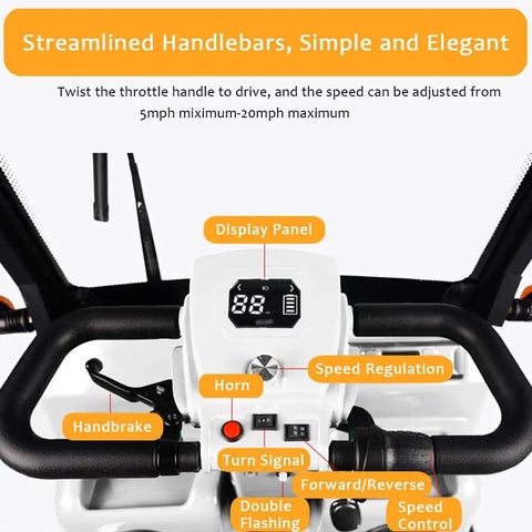 Electric Golf Cart For Adults With 800W Motor, 25 Mile Range, Sweet 12 Mph Cruising, Built Tough Frame showing handlebars and display panel.
