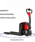 Heavy Duty Full Electric Pallet Jack With 3300 Lbs Capacity And Huge Fork Size showing steering flexibility and small turning radius.