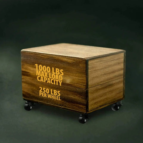 Wooden box on 2 Inch Heavy Duty Polyurethane Caster Wheels With Side Locking Brake, 1000 lb capacity, supports 250 lbs per wheel
