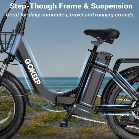 Folding Electric Bike With 1300W Peak Motor For Crushing Hills, 75 Mile Pedal Assist Range, removable battery shown by the beach