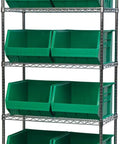 Green 3 Pack Stackable Plastic Storage Bins Space Saving Organizer For Garage Pantry Closet And Craft Room DIY Ready Heavy Duty 75 LB Capacity 18 By 16 By 11 Inches on shelving unit