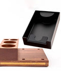 Hella Durable Premium Sapele Wood Espresso Tamper Station Featuring A Slick Built In Slide For Your 58mm Portafilter And A Killer Coffee Bar Accessory Organizer You Love with detachable black cup