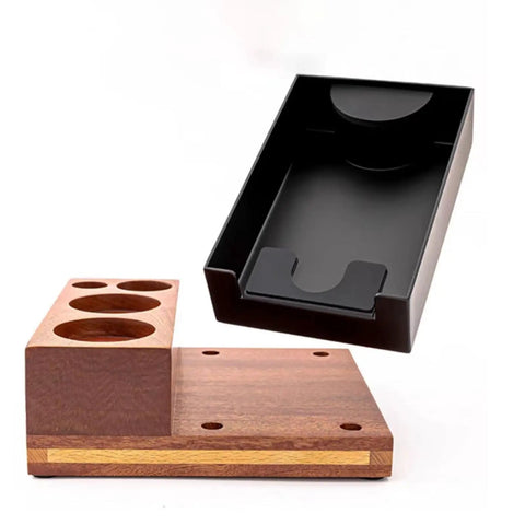 Hella Durable Premium Sapele Wood Espresso Tamper Station Featuring A Slick Built In Slide For Your 58mm Portafilter And A Killer Coffee Bar Accessory Organizer You Love with detachable black cup