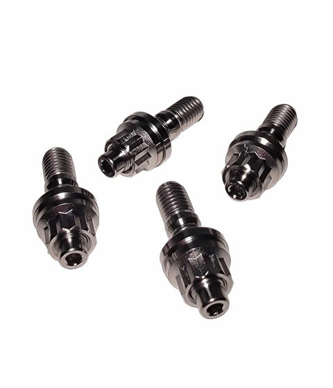 Titanium Turbo To Manifold Stud Kit For M10x1.5 Thread, 4 Piece shown in raw silver finish, angled view, 45mm length each