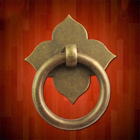 4 Pack Brass Drawer Pulls Antique Brass Cabinet Ring Handles With Mounting Screws 1.89 by 1.69 Inches shown against red background