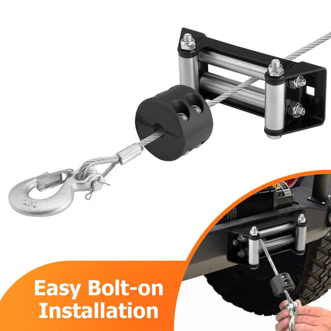 6 Inch Winch Roller Fairlead Cable Guide fits 4000 To 5500 lbs UTV Winches, shown with easy bolt-on installation on vehicle