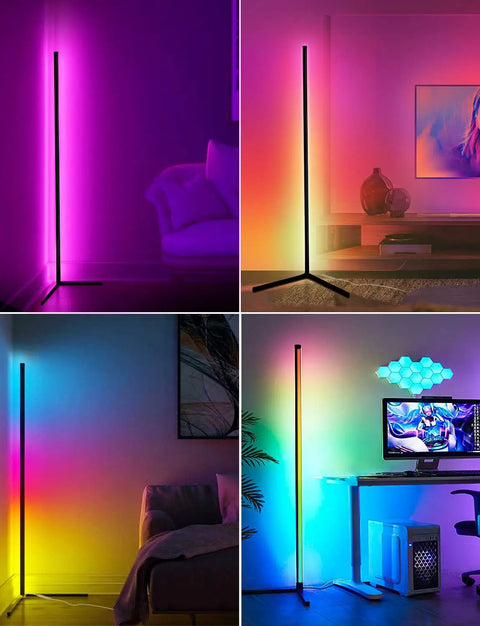 65 Inch Color Changing LED Floor Lamp with Music Sync, Remote, and App Control in vibrant RGB settings for living room or gaming setup.