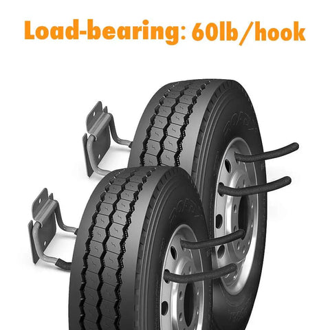 Heavy Duty 12 Inch Wave Garage Hooks 4 Pack Wall Mount Tool Organizer holding two car tires, load-bearing 60lb per hook.