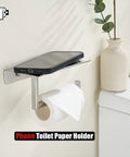 Toilet Paper Holder With Phone Shelf Fits Five Inch Rolls 304 Stainless Steel Brushed Finish Wall Mount Bathroom Organizer Large Six Point Three Inch Shelf For Phones And Small Items No Slip Stop