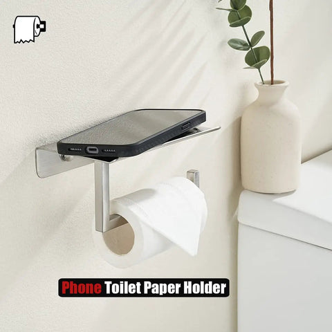 Toilet Paper Holder With Phone Shelf Fits Five Inch Rolls 304 Stainless Steel Brushed Finish Wall Mount Bathroom Organizer Large Six Point Three Inch Shelf For Phones And Small Items No Slip Stop