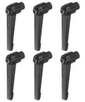 Straight Up Tough 6PC M8 Female Thread Aluminum Clamping Lever Handles With No Sweat Quick Release Ratchet Push Button Locking Knobs, six black handles positioned.