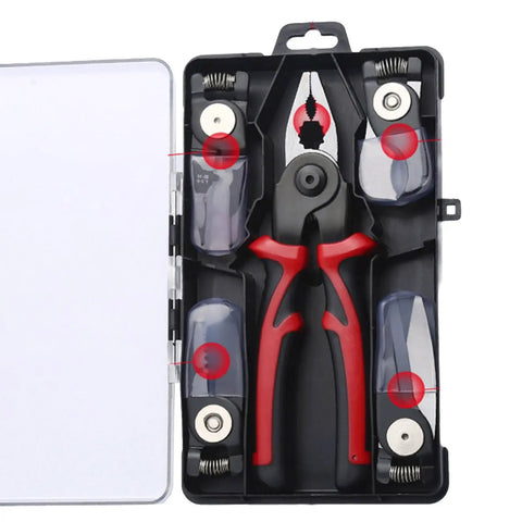 Multipurpose Wire Strippers And Crimping Pliers With Quick Change Heads For DIYers And Home Pros in plastic case
