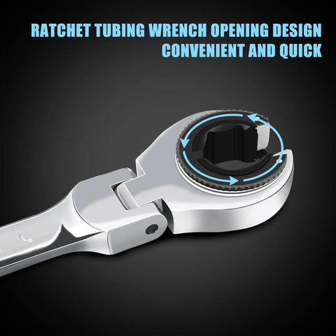 Close-up of 72-tooth mechanism on 9 Piece Metric Open Flex Head Ratcheting Wrench Set 8 To 17mm with chrome vanadium steel.