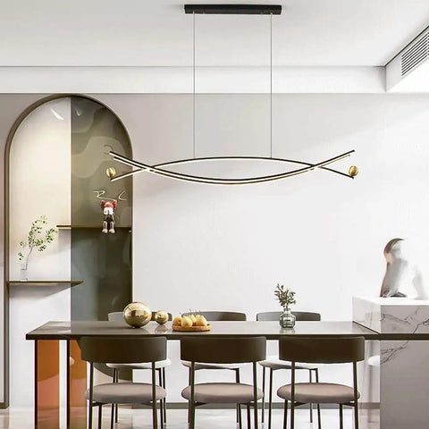 Dope Black Brass Long Strip Suspension Lamp With Adjustable Cable Up To One Point Five Meters over dining table
