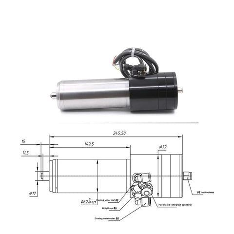 Top Tier 1.8Kw Water Cooled CNC Spindle Runs Smooth At 220V with technical dimensions and wiring diagram